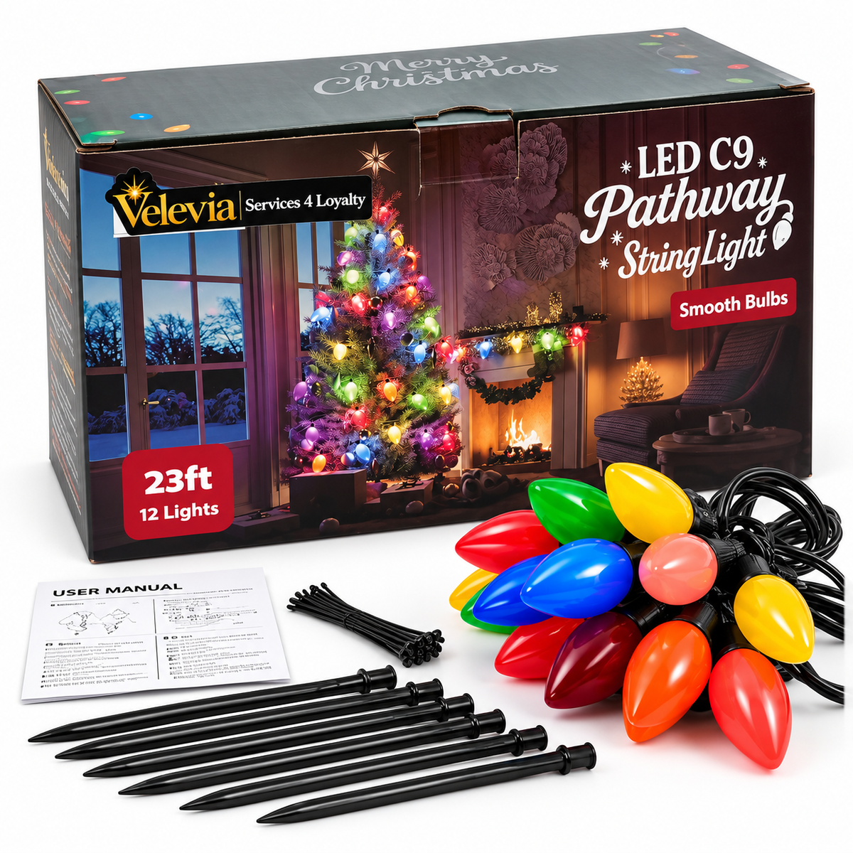 Velevia C9 Multicolor Christmas Pathway Lights, 23 FT, 12 Bulbs