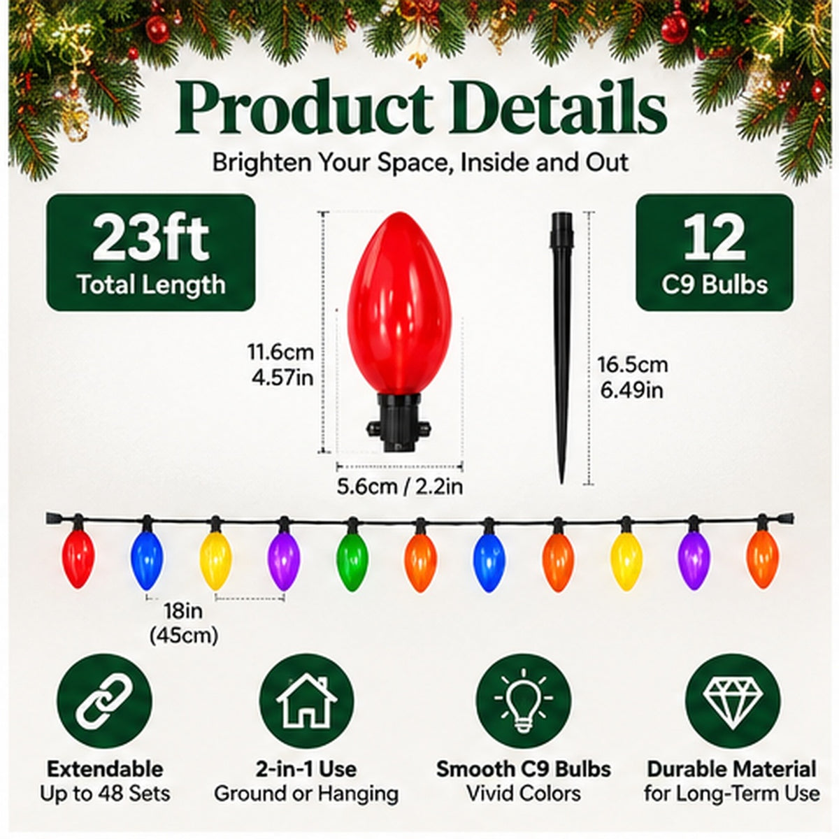 Velevia C9 Multicolor Christmas Pathway Lights, 23 FT, 12 Bulbs