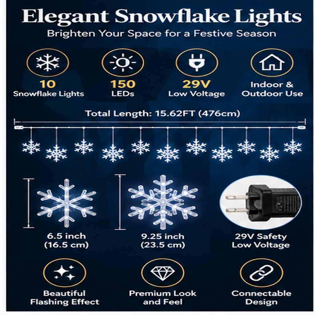 Velevia 150 LED Snowflake Icicle Christmas Lights, 9 FT, Cool White
