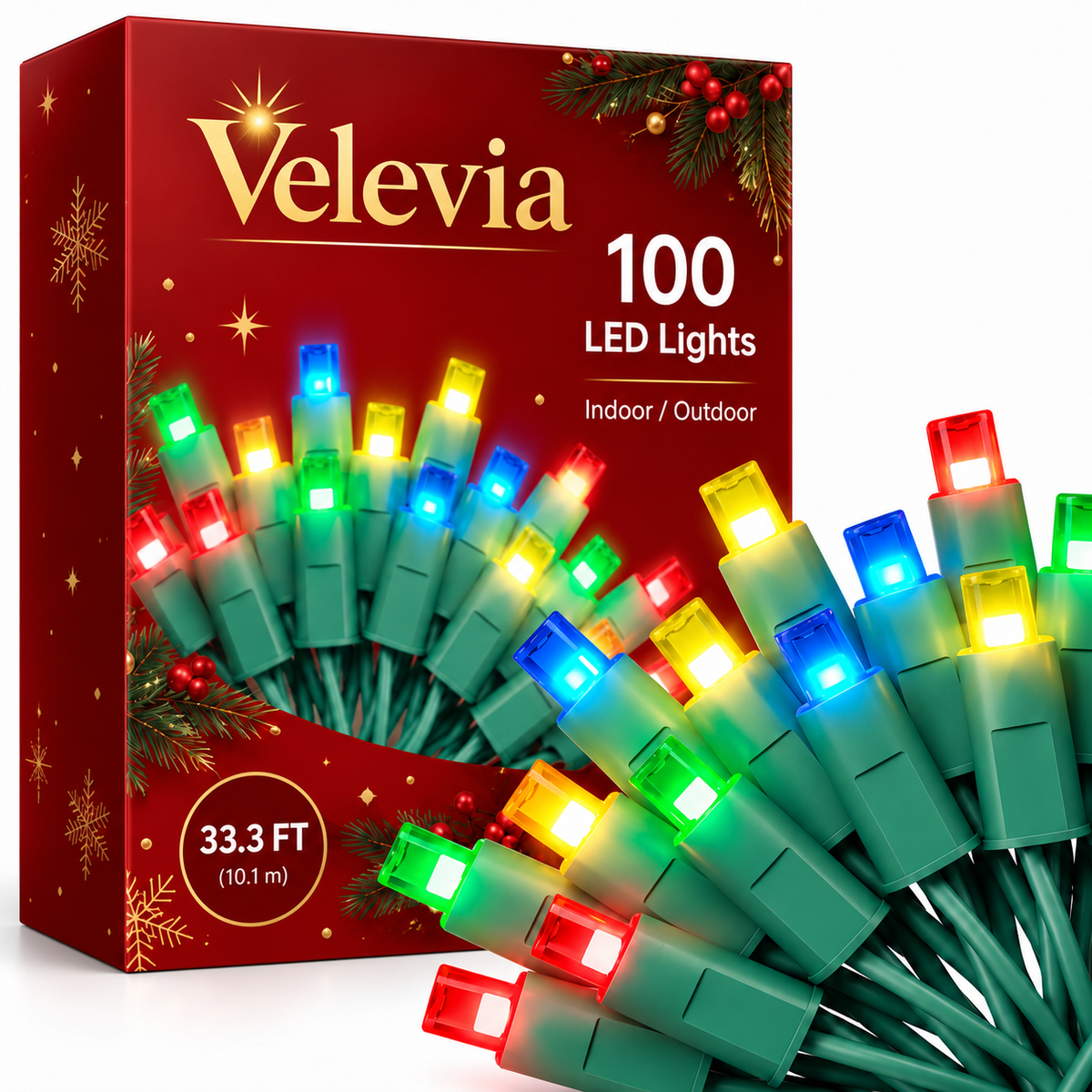 Velevia 100 LED Multicolor Christmas String Lights, 33.3 FT