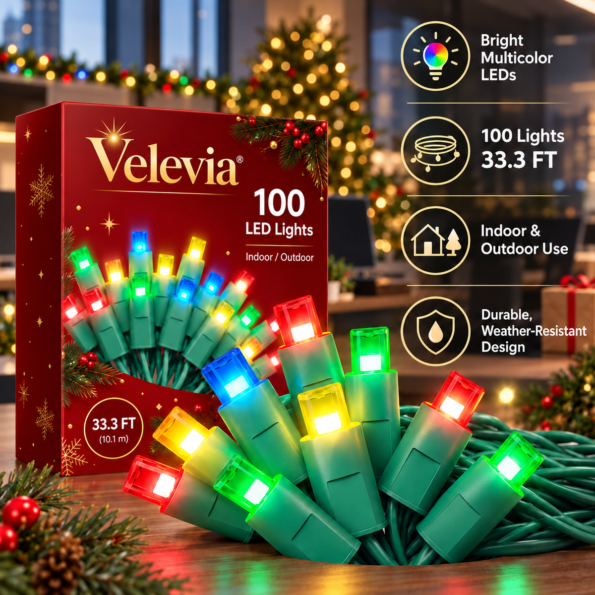 Velevia 100 LED Multicolor Christmas String Lights, 33.3 FT
